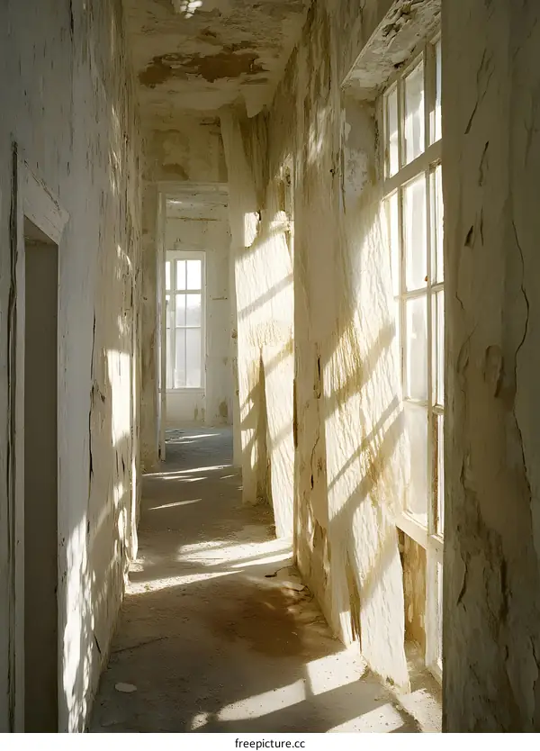 Abandoned Building Hallway With Peeling Paint And Sunlight Streaming Through Windows