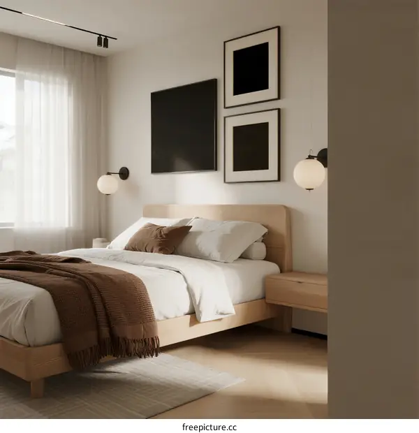 Modern Minimalist Bedroom with Wooden Bed and Abstract Wall Art