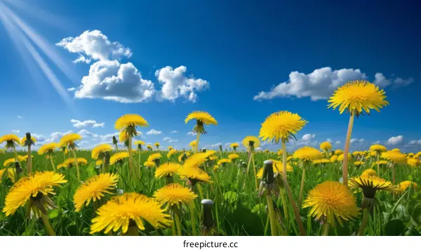 Field of yellow dandelions under blue sky with white clouds