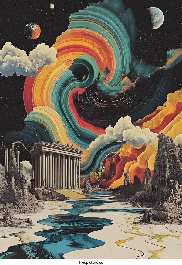 Abstract  Painting of Temple in the Galaxy with Swirling Colors