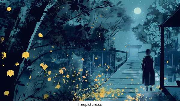 Woman Walking Alone In A Forest Under A Full Moon