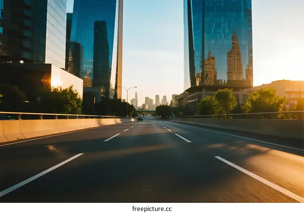 Urban road with tall modern buildings under sunlight