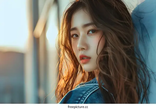 Beautiful Asian Woman with Long Hair Looking Over Shoulder