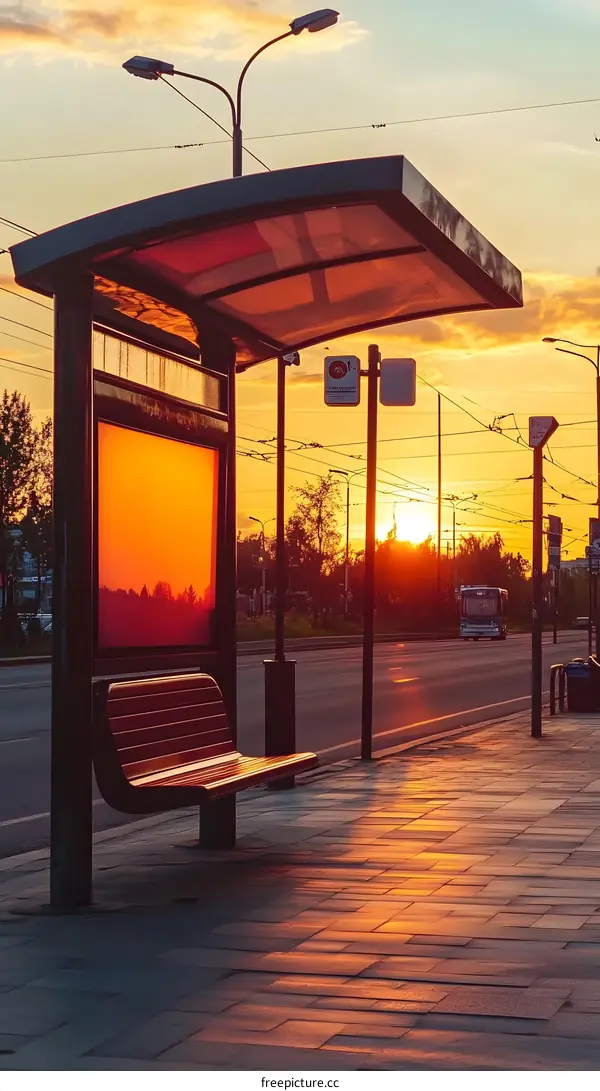Bus Stop At Sunset With Golden Light