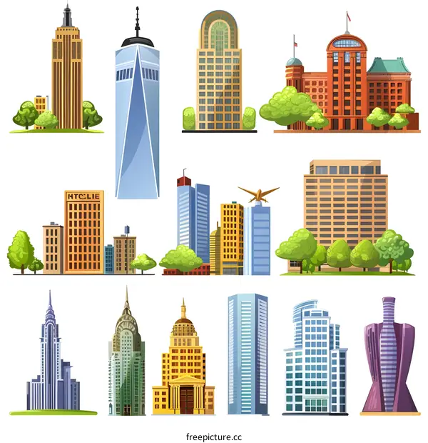 Collection of Cartoon Style Skyscrapers and Buildings Illustrations