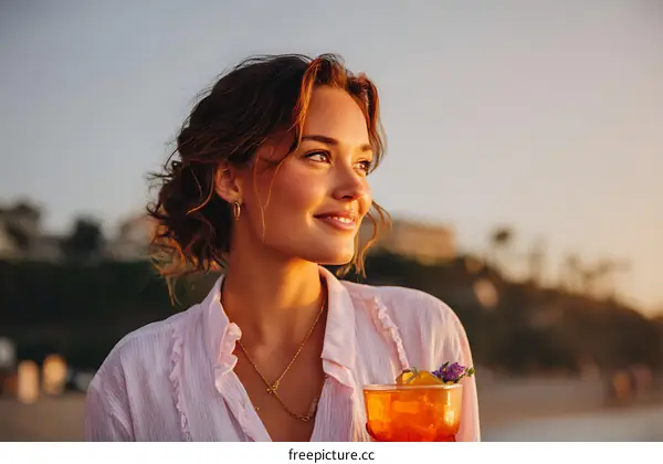 Woman Enjoying Sunset Drink on Beach