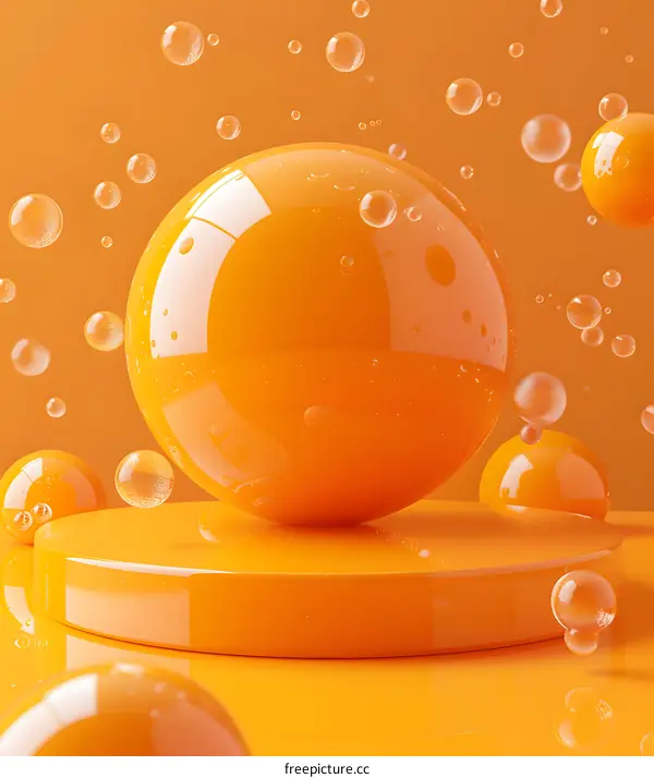 Orange sphere on an orange geometric platform with orange bubbles floating around