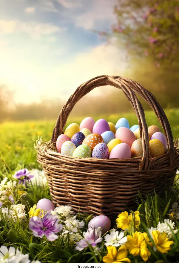 Colorful Easter Eggs in a Basket in a Spring Meadow