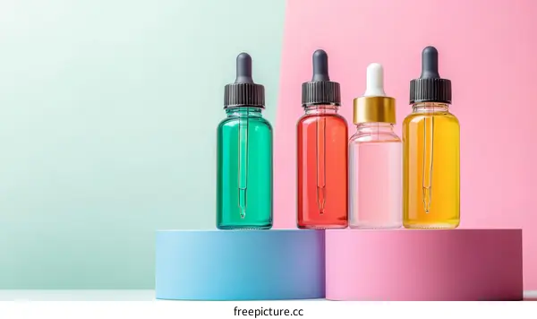 Colorful Dropper Bottles on Geometric Backdrops