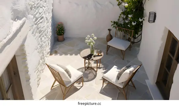 White Wall Patio with Rattan Furniture and Flowers