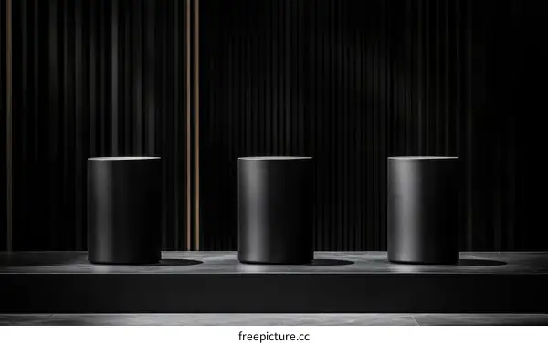 Three Black Cylindrical Podiums on Dark Background