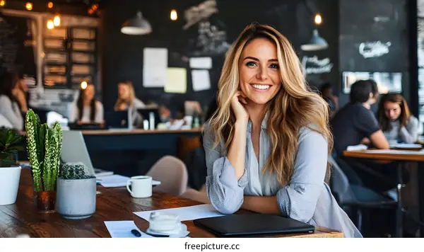 Smiling Woman Working in a Cafe