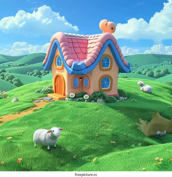 Charming Cartoon Cottage on Green Hills