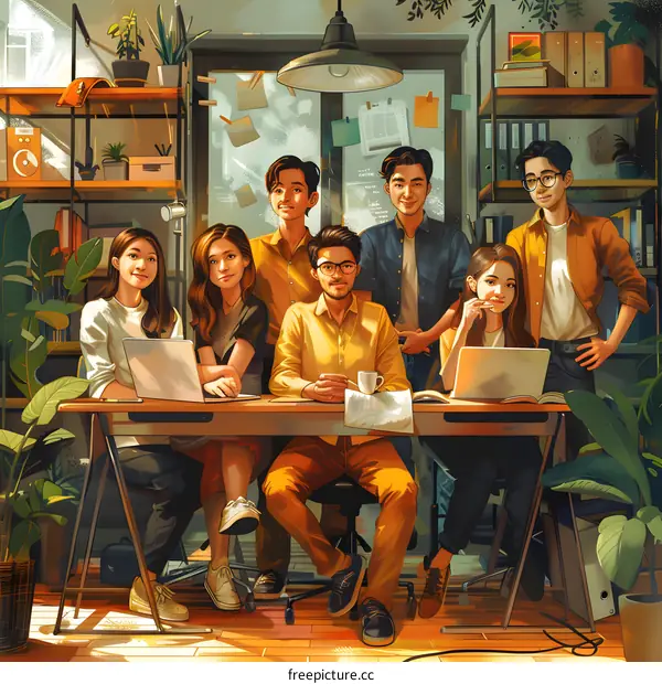 A group of young professionals working in a creative office space