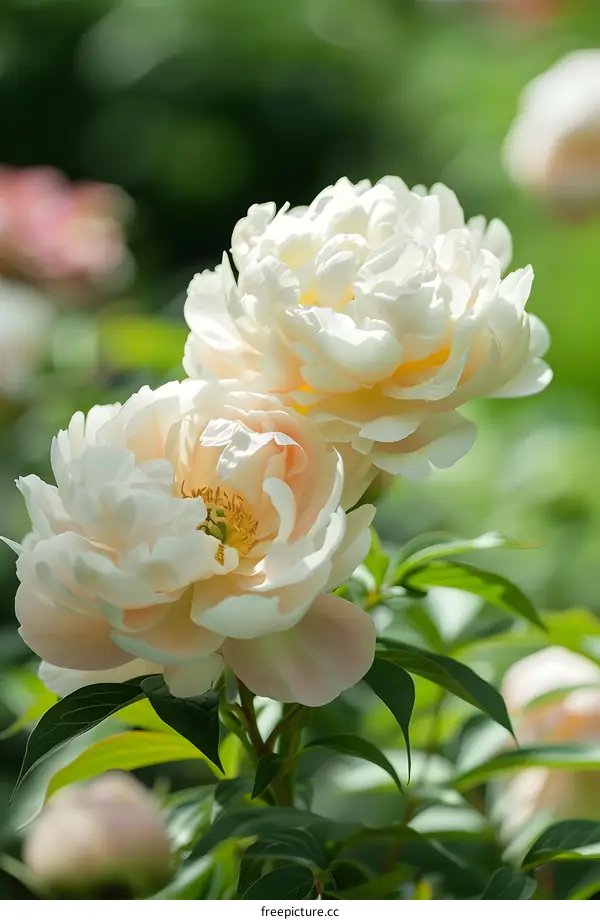 Two White Peony Flowers in Bloom