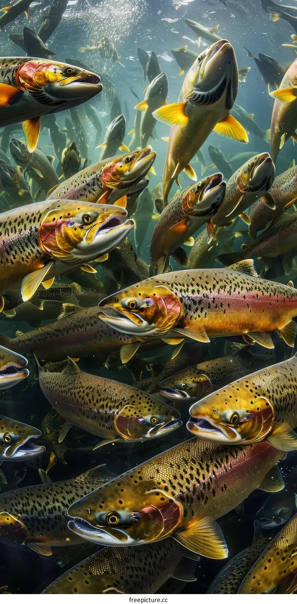 A School of Rainbow Trout Swimming in a River