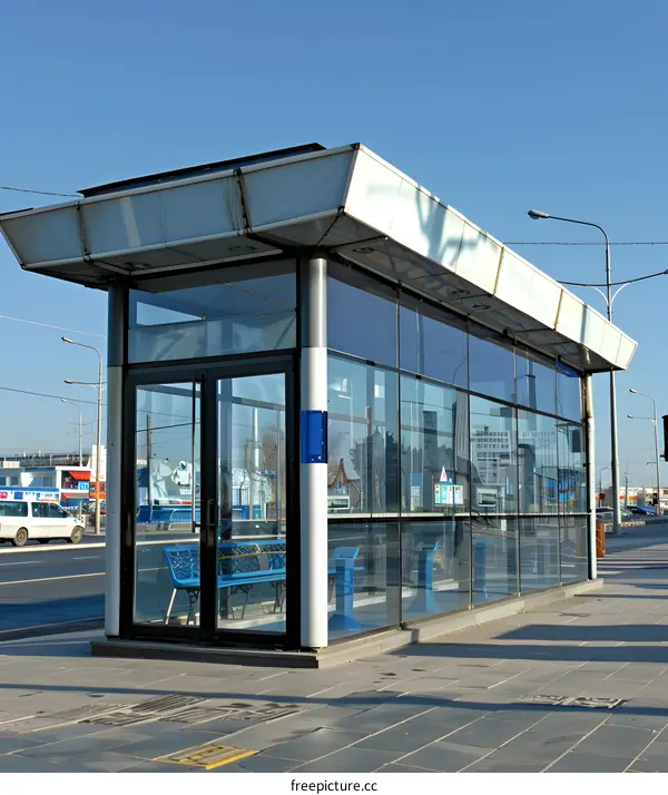 Modern Glass Bus Shelter With Blue Seats