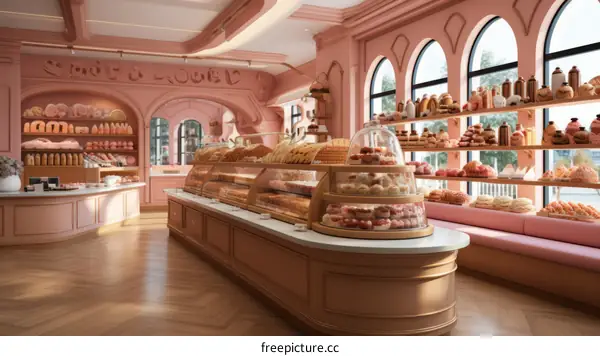 A Quaint Pink Bakery with Arched Windows and Wooden Floors