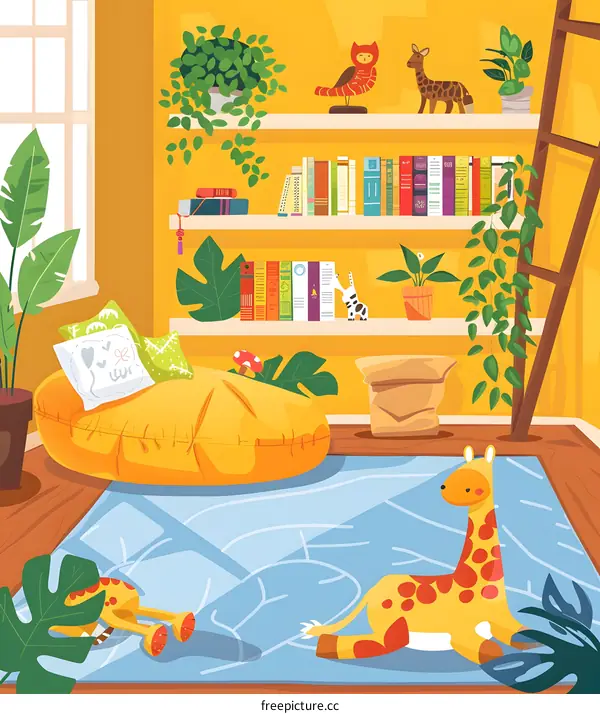 Yellow Room Decor with Giraffe Stuffed Animal and Bookshelf