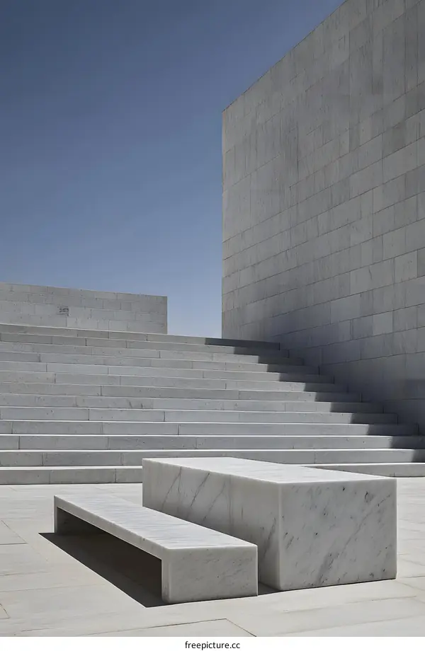 Modern White Marble Bench and Table Set in Front of a Building