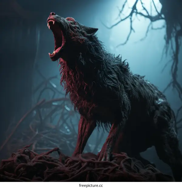 A werewolf is standing in the forest and howling at the moon