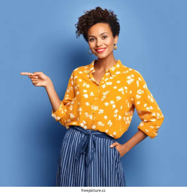 African Woman in Stylish Mustard Yellow Shirt and Striped Skirt
