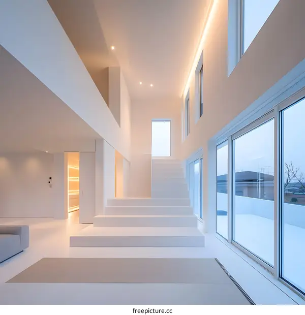 Minimalist Modern House Interior Design with White Stairs and Large Windows