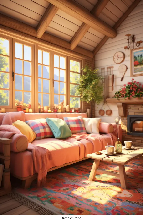 Cozy living room interior with sofa, fireplace and big windows