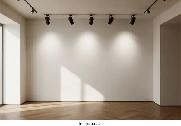 Empty room with white walls and track lighting for display purposes