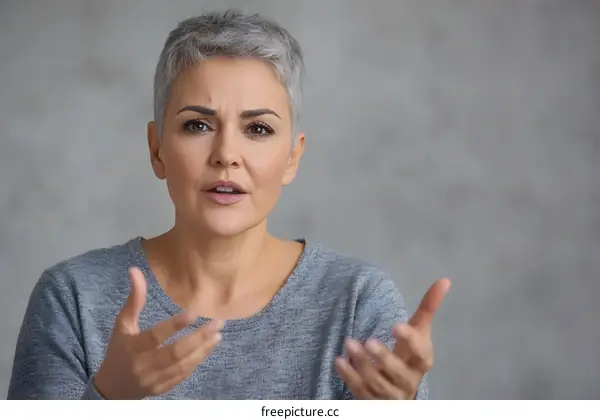 Woman with short gray hair talking in a casual setting