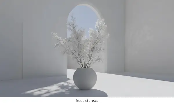 Minimalist White Room with Arch and Flower Arrangement