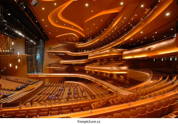 An Empty Concert Hall with Orange Seats