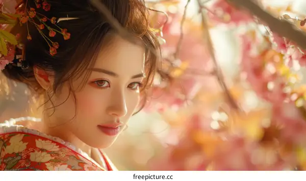 Portrait of a beautiful Asian woman in traditional Japanese kimono with pink cherry blossoms in the background