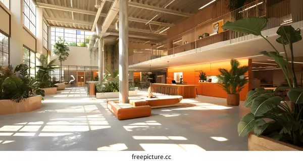 Modern Office Interior with Tropical Plants and Orange Walls