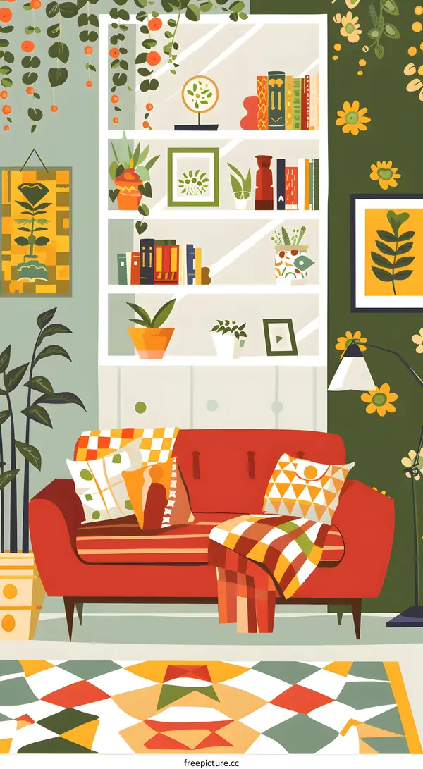 Cozy Living Room with Red Sofa and Bookshelf
