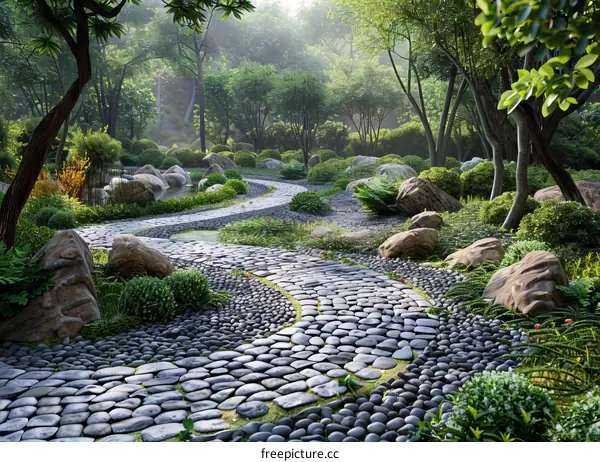Pebbled Path in a Lush Green Japanese Rock Garden