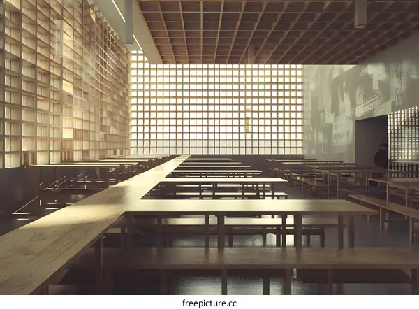 Modern Interior Design with Wooden Tables and Benches in a Spacious Room