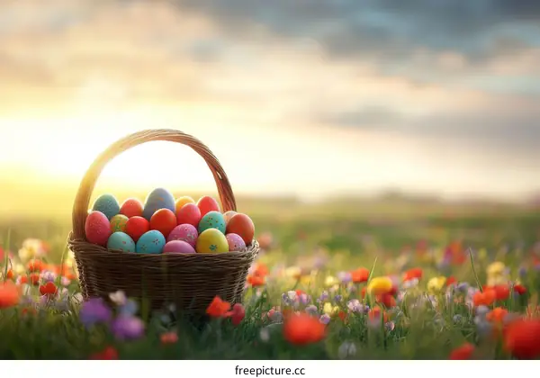 Easter Basket Filled with Colorful Eggs in a Meadow