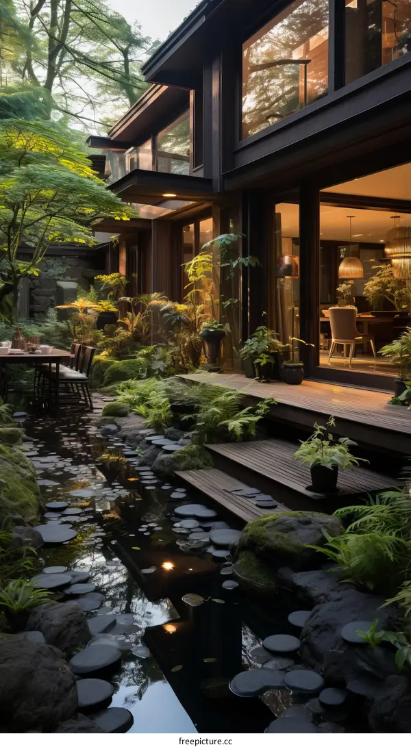 Courtyard with a pond and a wooden house