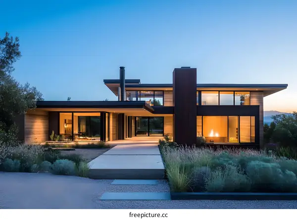 Modern House with Stone Walls and Large Windows at Dusk