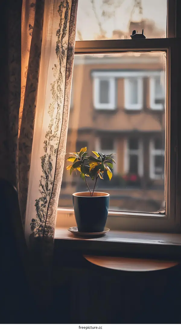 Close Up Of Potted Plant On Windowsill With Curtains