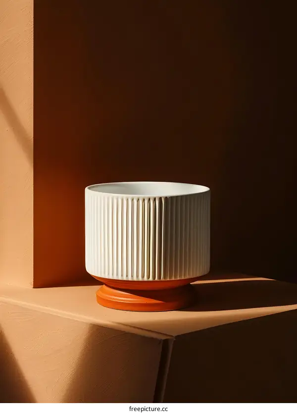 White Ceramic Pot with Orange Base on Brown Background