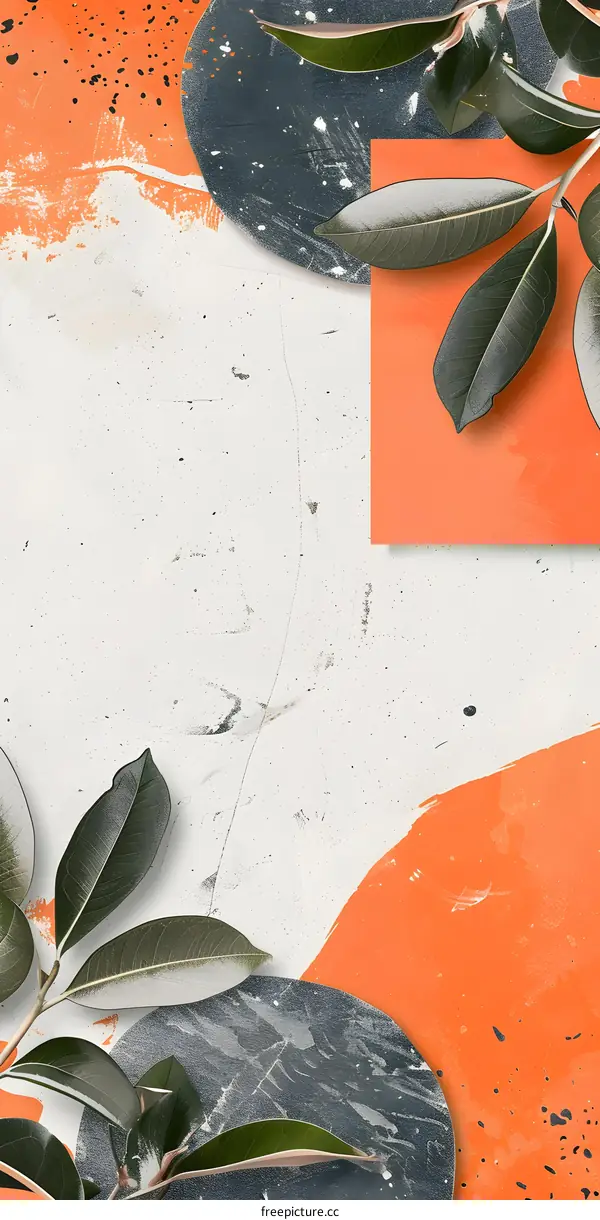 Abstract Green Leaves with Orange and Grey Shapes on White Background