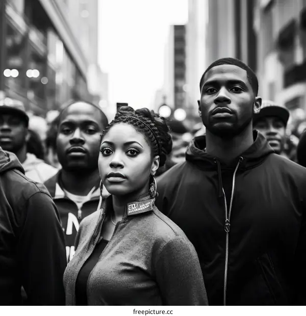 Black and white image of a group of people in a city street with a serious facial expression