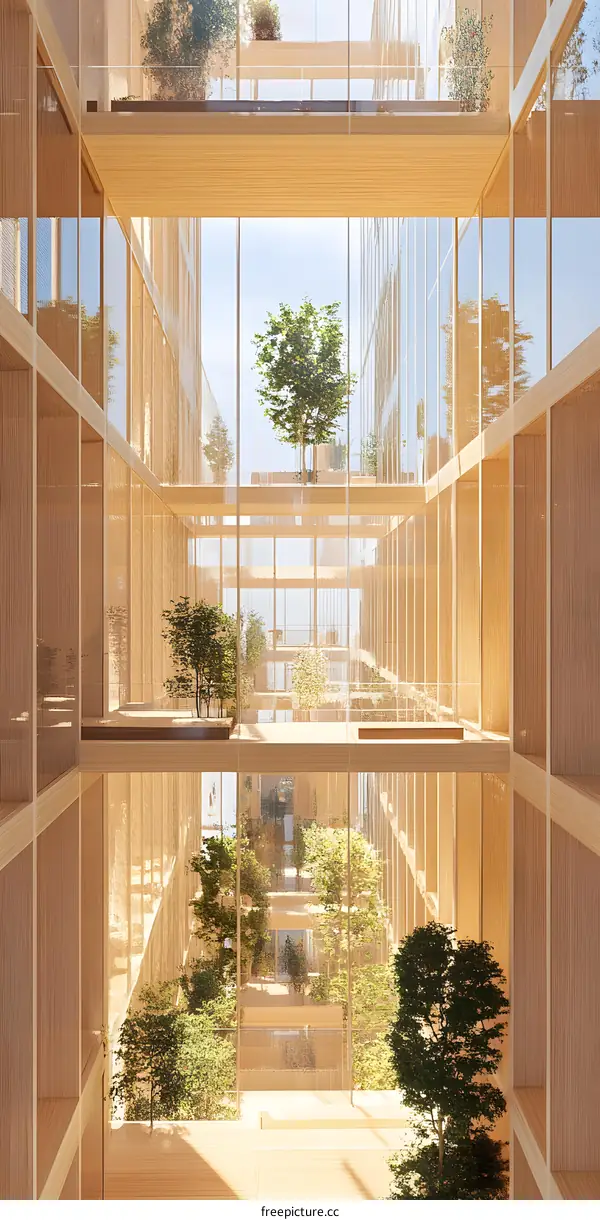 Modern Glass and Wood Building Interior Design With Green Plants