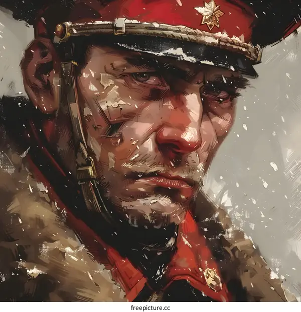 Portrait of a Russian soldier in a fur hat