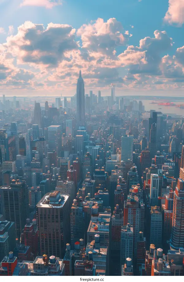 Aerial View of New York City Skyline with Cloudy Sky