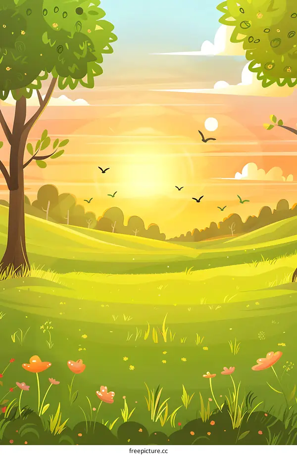 Beautiful Green Meadow With Sunset Sky