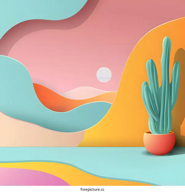 Abstract Paper Cut Desert Landscape With Cactus