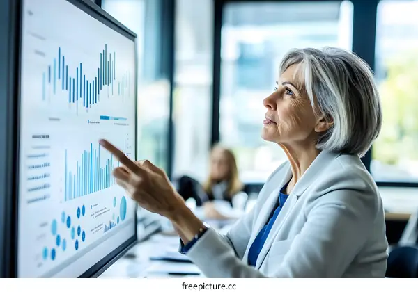 Businesswoman Pointing at Charts on Computer Screen
